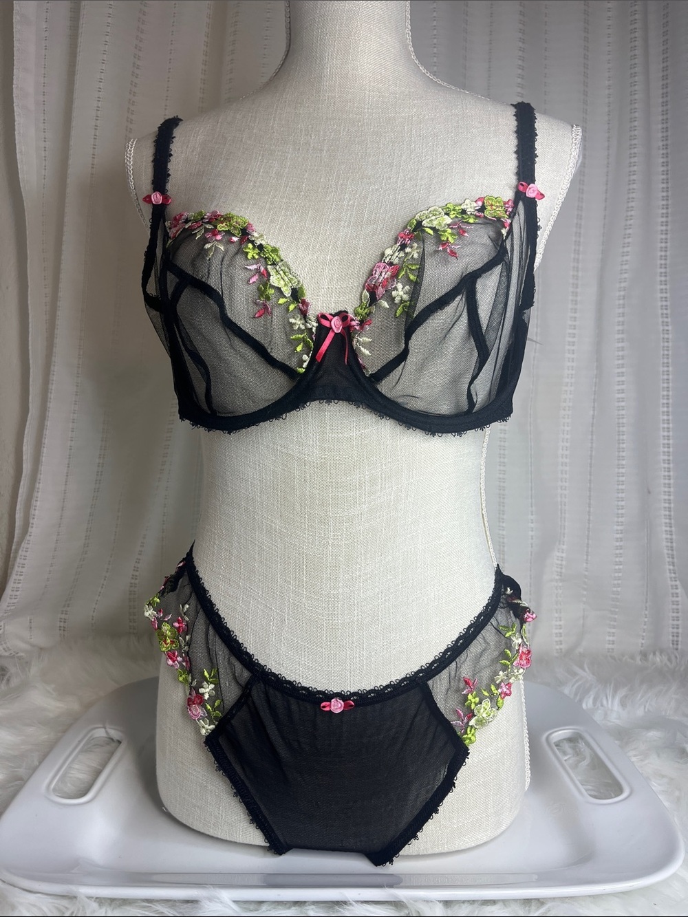 Freya Black Sheer Embroidered Bra & Thong  Set with Pink and Green Accents
